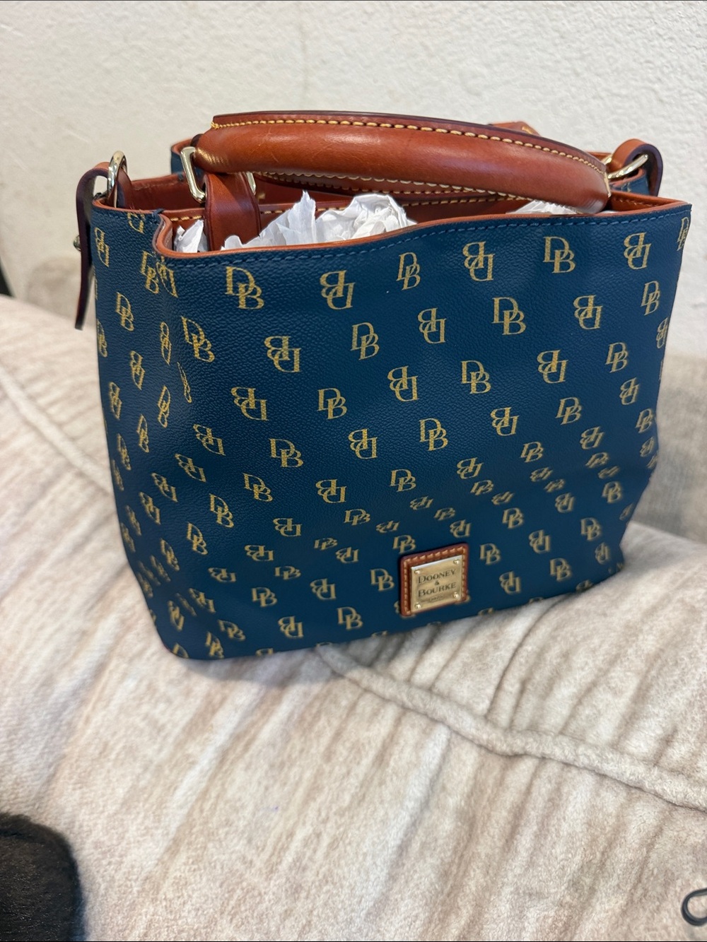 Dooney & Bourke Navy Logo Shoulder Bag with Brown Leather Trim